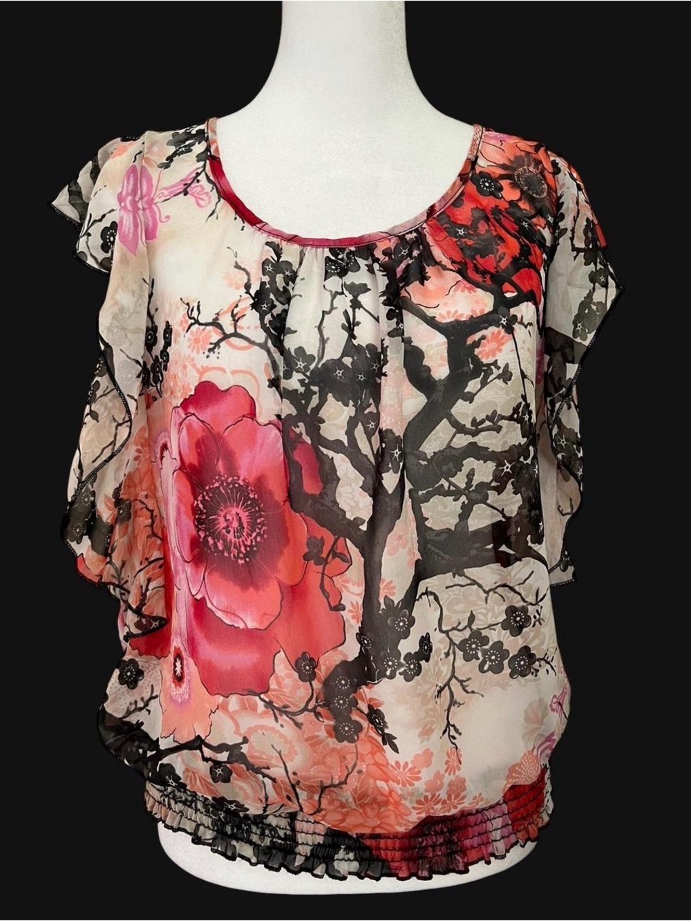 Floral Sheer Blouse with Ruffled Hem and Flutter Short Sleeves L